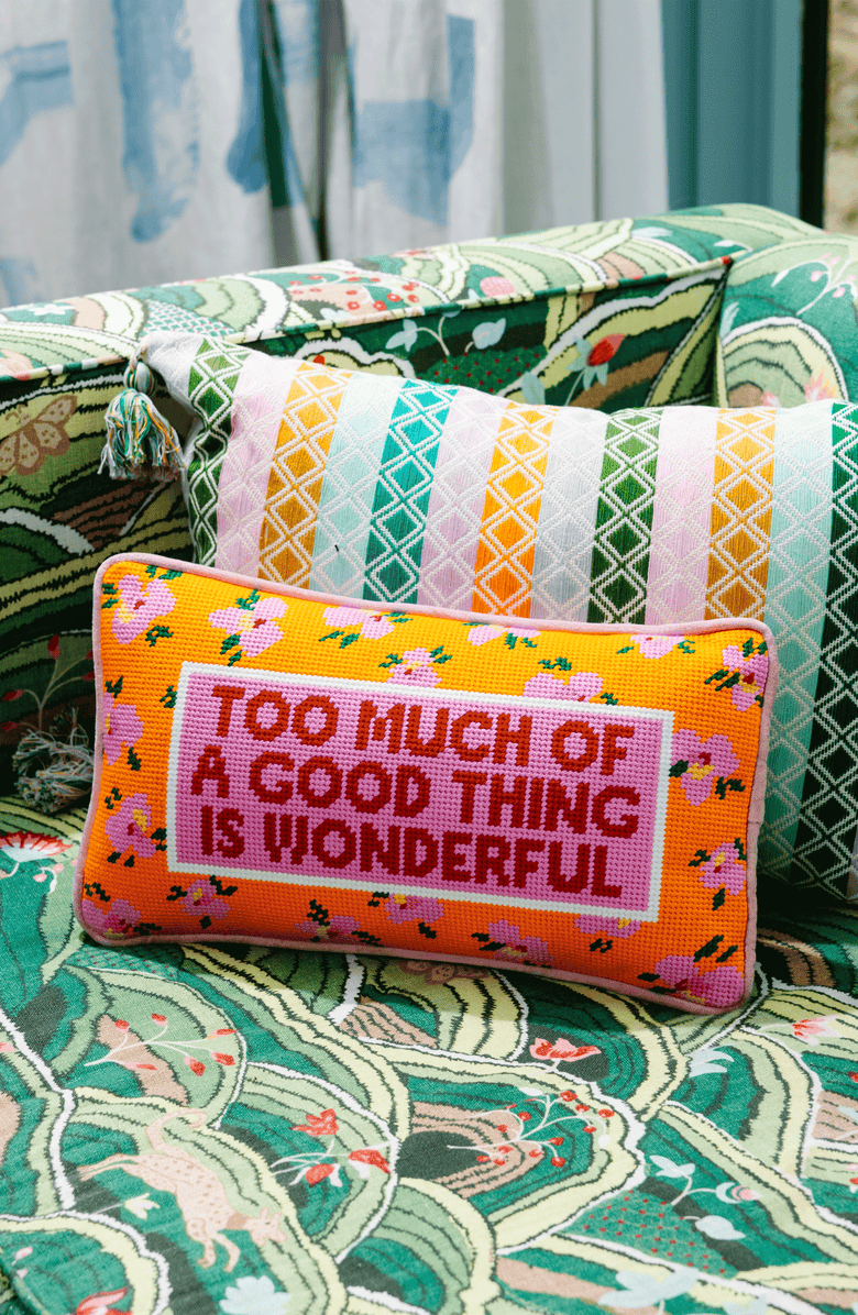 Furbish Too Much Needlepoint Pillow, Alternate, color, Pink