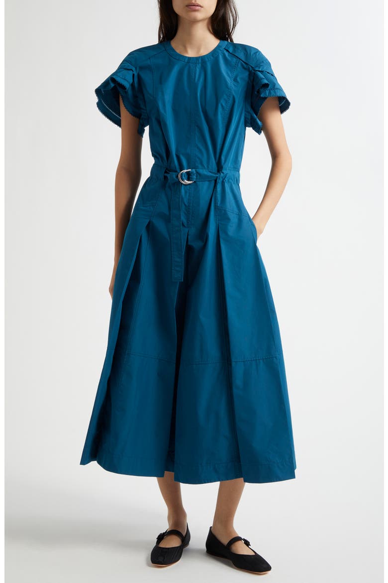 Cascade Petal Sleeve Belted Poplin Shirtdress, Main, color, MARINE