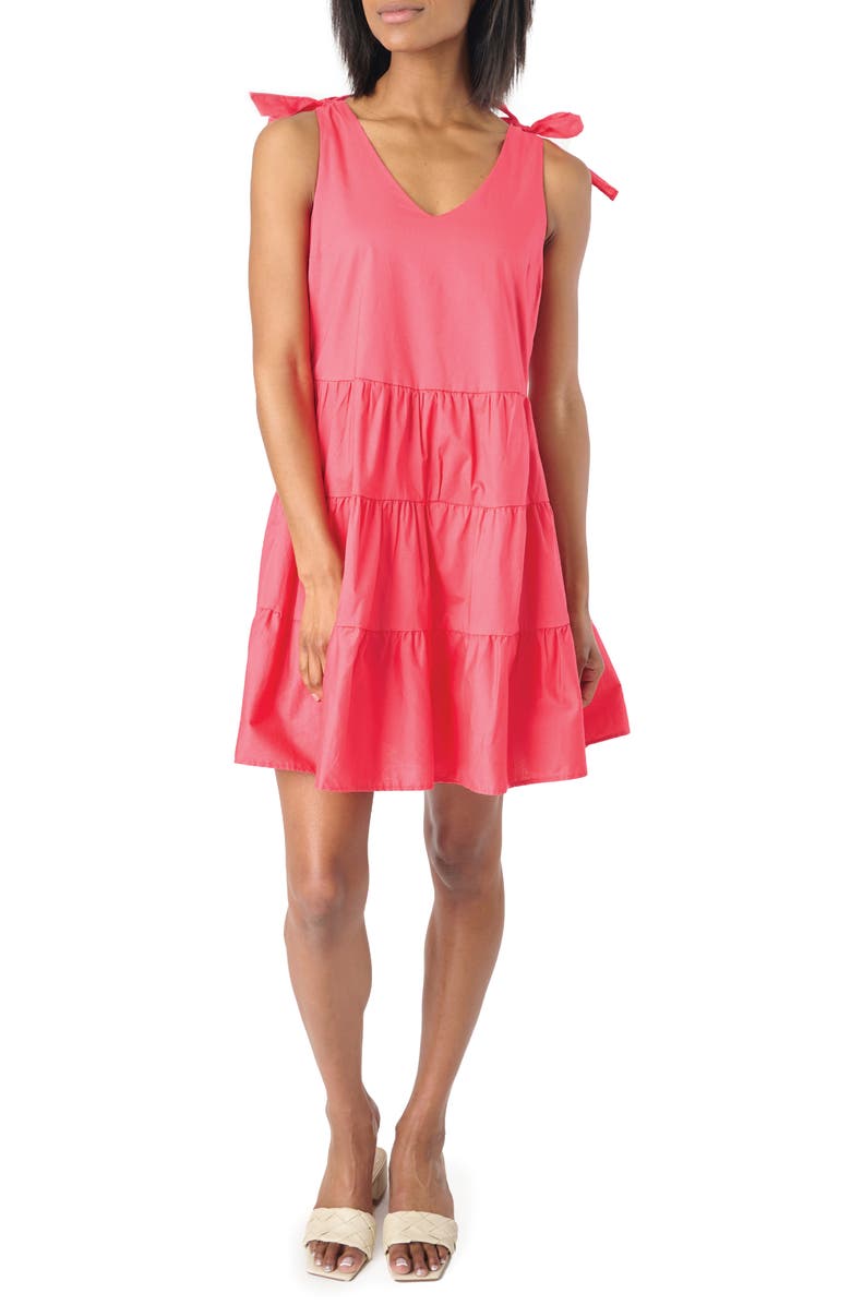 GIBSONLOOK Shoulder Bow Tiered Dress, Main, color, Red Coral