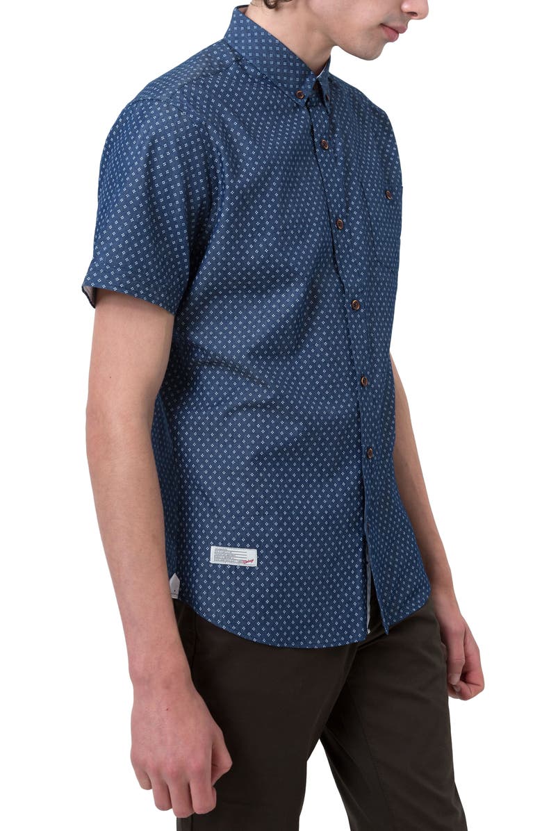 7 Diamonds Livewire Trim Fit Print Short Sleeve Woven Shirt, Alternate, color, Navy