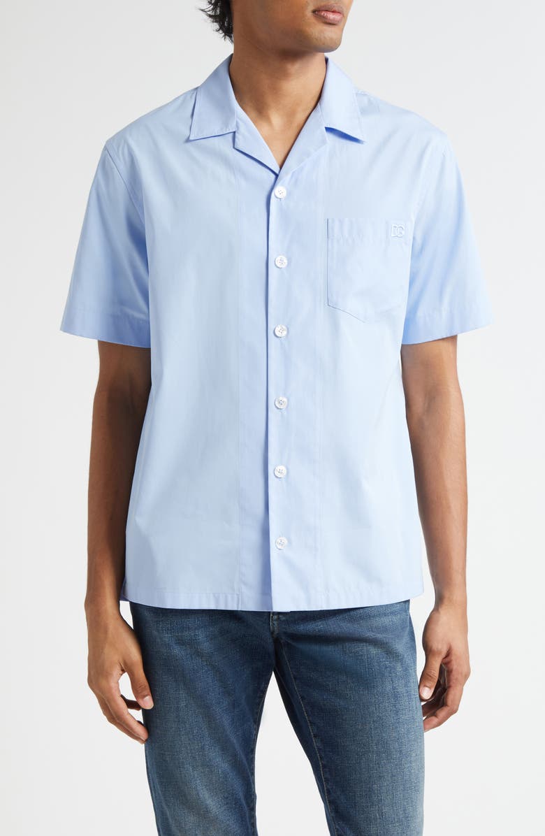 Dolce&Gabbana Logo Embroidered Camp Shirt, Main, color, B0074 Celeste Scuro