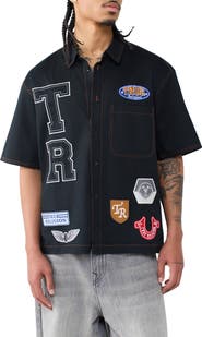 True Religion Patchwork Short Sleeve Cotton Button-Up Shirt
