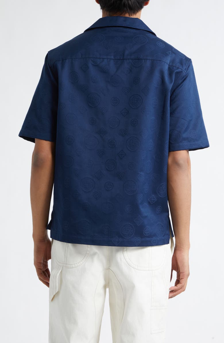 Casablanca Monogram Cotton Poplin Camp Shirt, Alternate, color, Navy