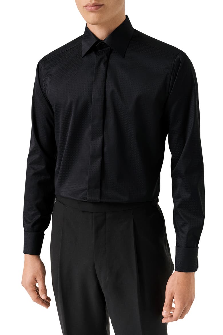 Contemporary Fit Geometric Brocade Supima Cotton Dress Shirt, Main, color, BLACK