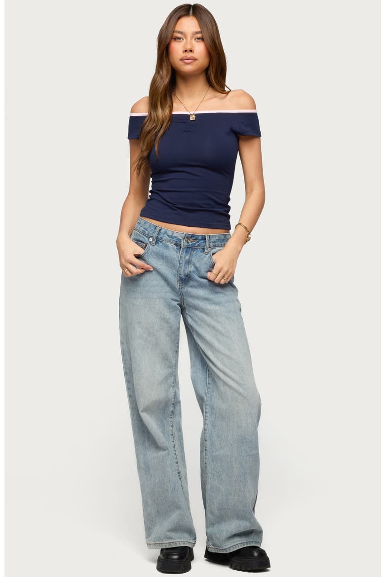 Dellah Contrast Neck Off the Shoulder Top, Alternate, color, NAVY