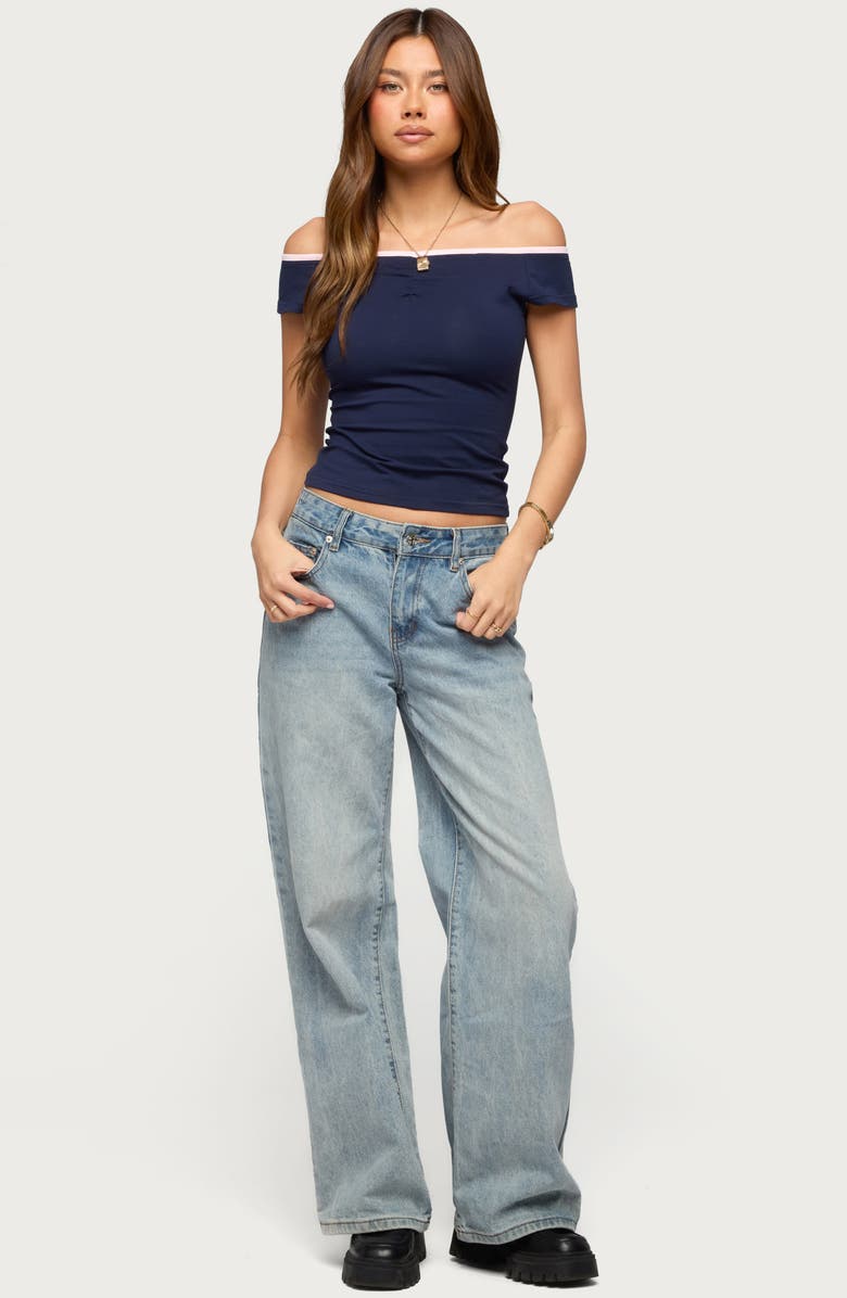 EDIKTED Dellah Contrast Neck Off the Shoulder Top, Alternate, color, Navy