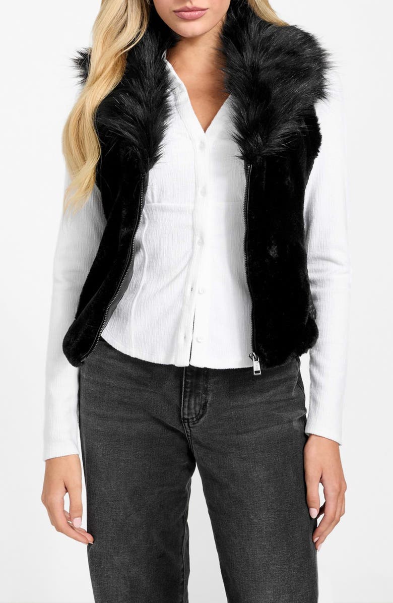 GUESS Amari Mixed Media Faux Fur Vest, Alternate, color, Dark