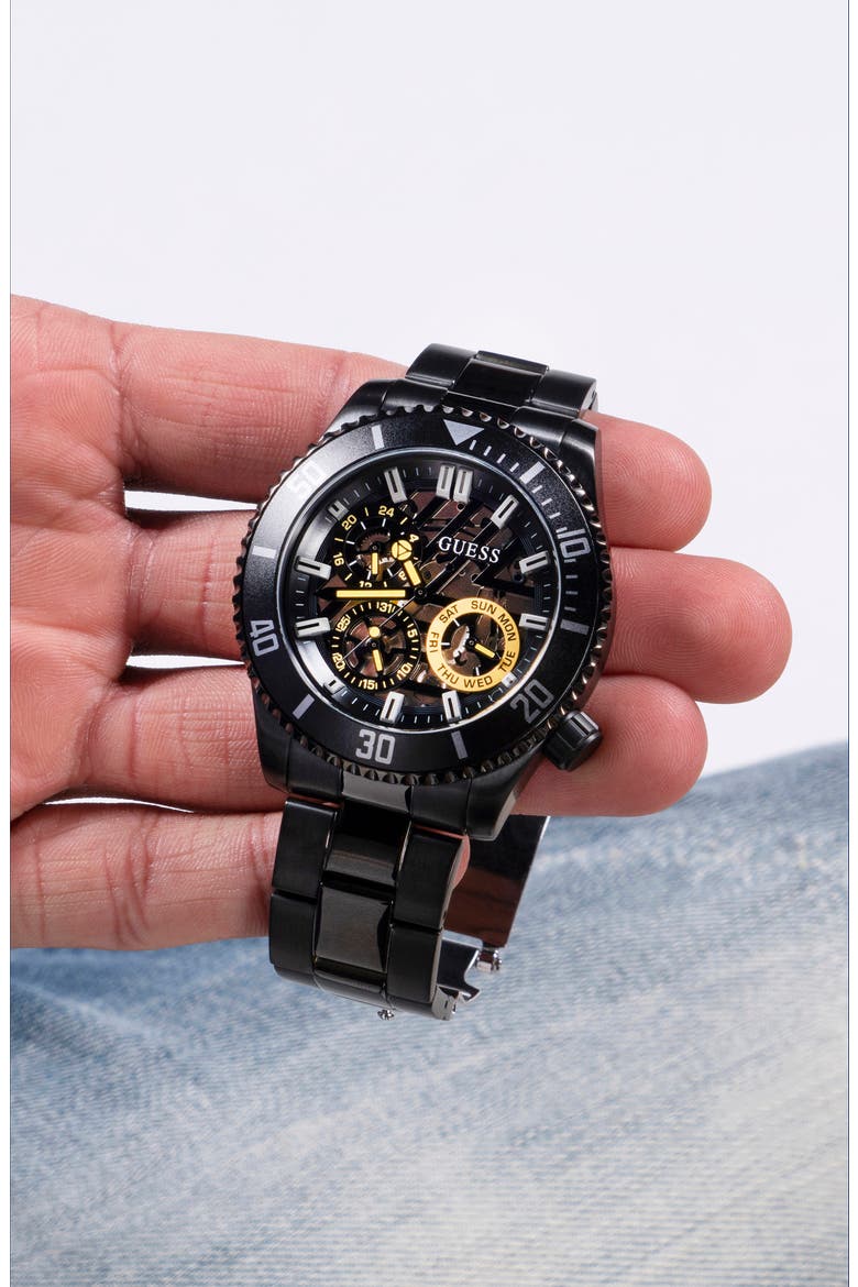 Multifunction Skeleton Bracelet Watch, 45mm, Alternate, color, BLACK/BLACK/BLACK