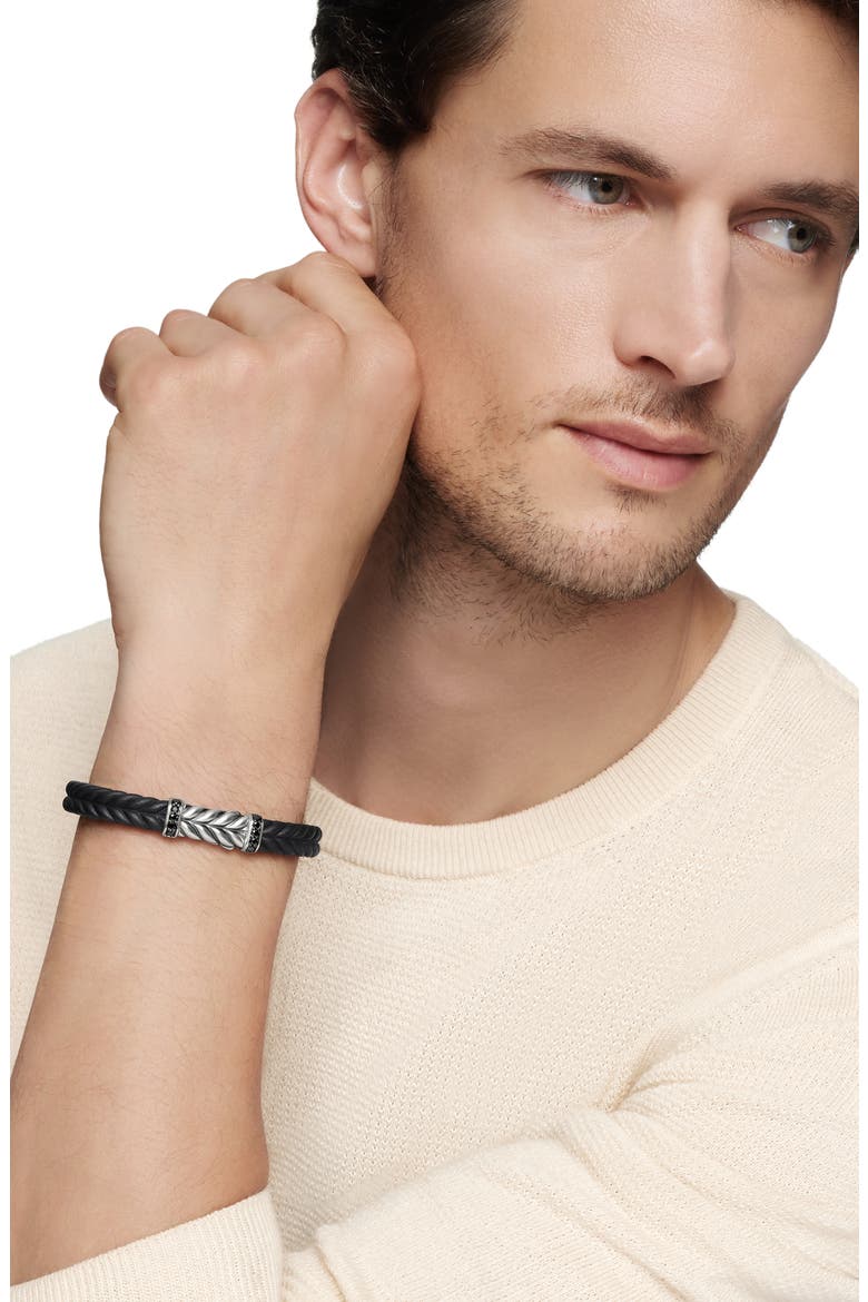9mm Chevron Rubber Bracelet with Pavé Black Diamonds, Alternate, color, STERLING SILVER