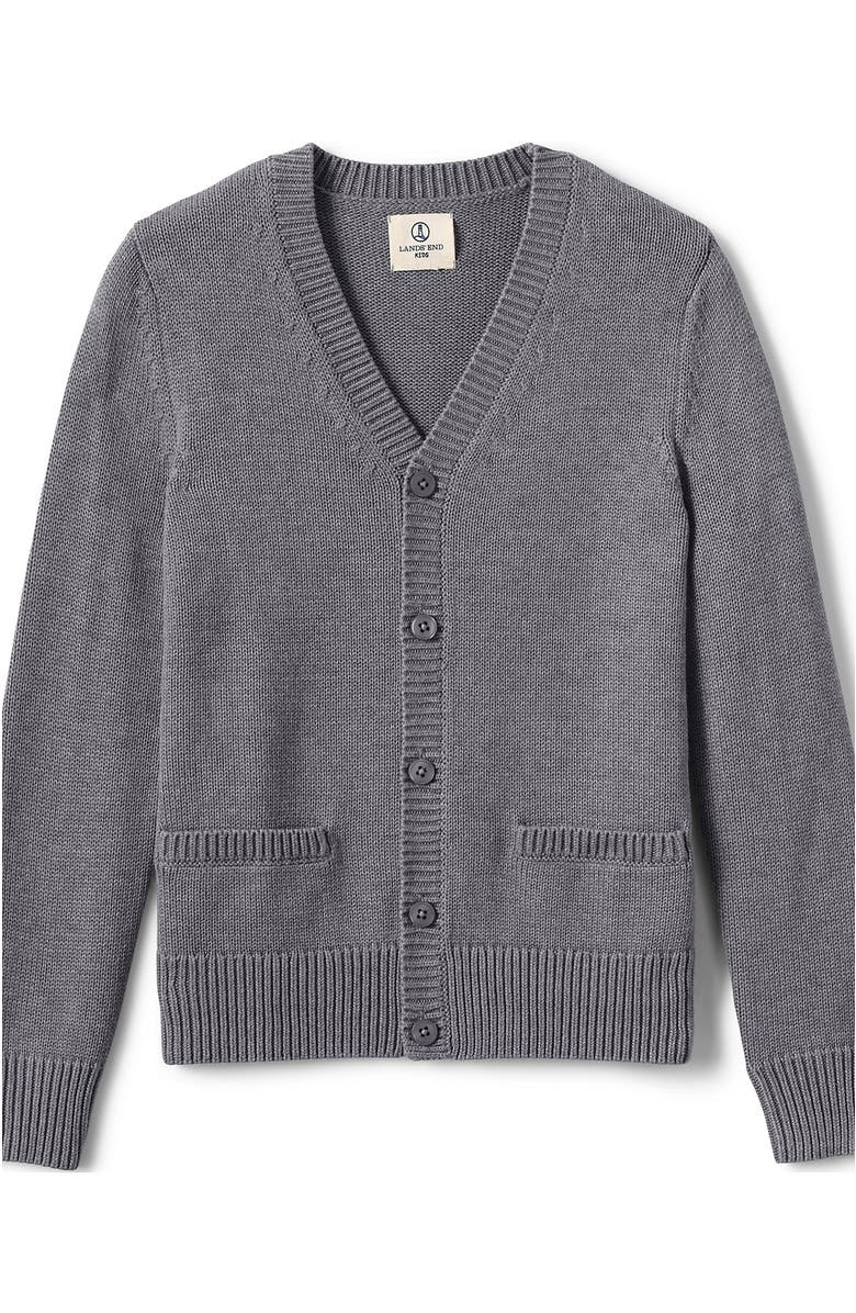 Lands' End School Uniform Boys Cotton Modal Button Front Cardigan Sweater, Alternate, color, Pewter Heather