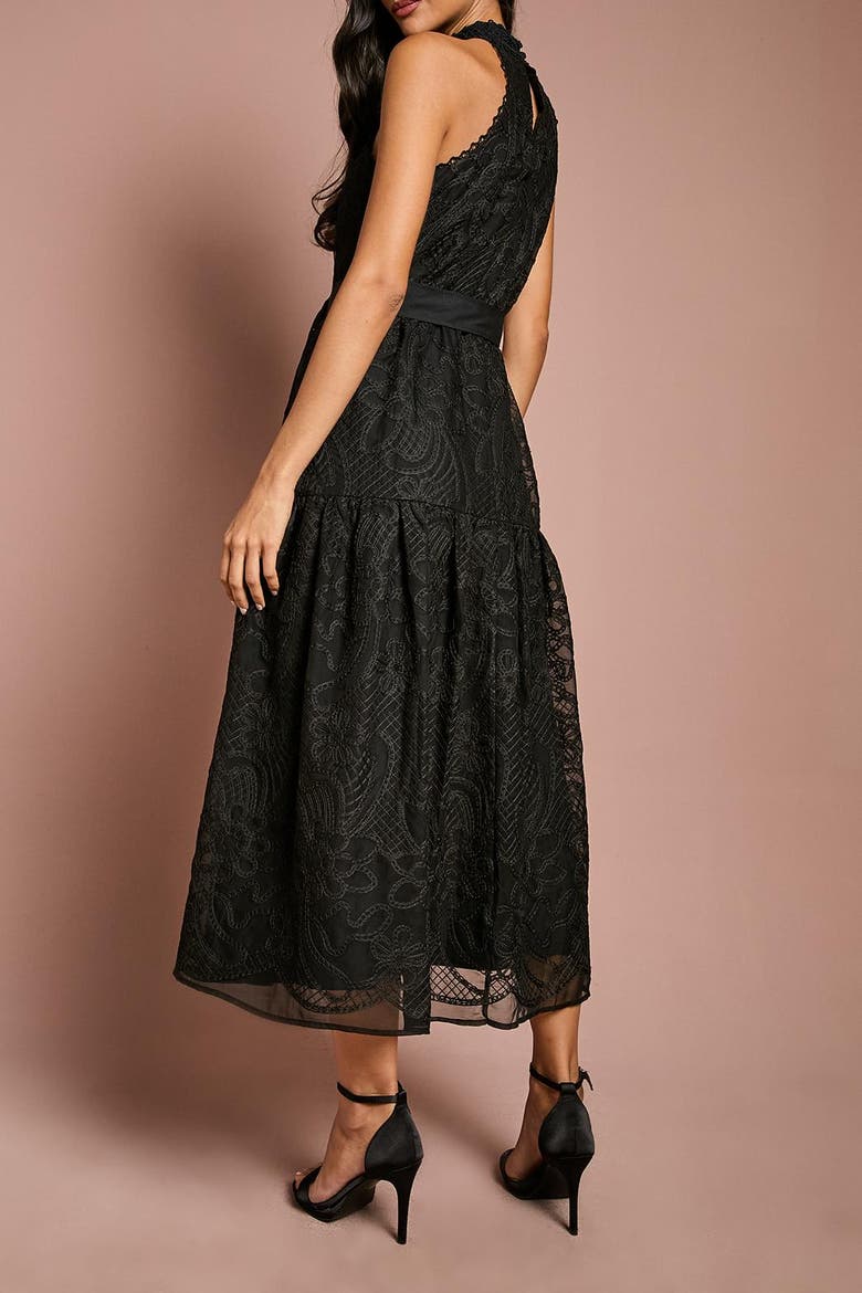 Lace Organza Belted Halter Midi Dress, Alternate, color, Black
