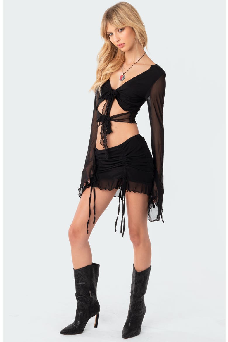 Indigo Ruched Mesh Miniskirt, Alternate, color, BLACK