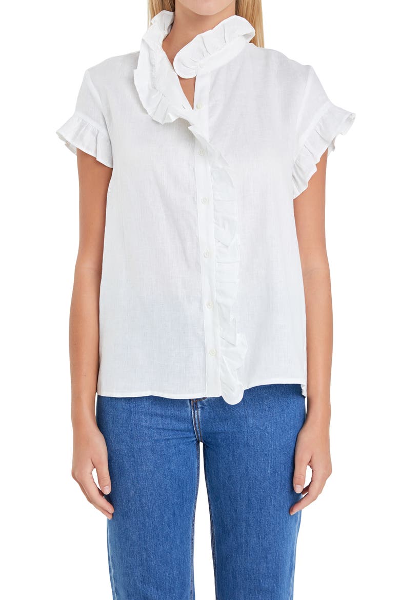 Ruffle Trim Linen Button-Up Shirt, Alternate, color, OFF WHITE