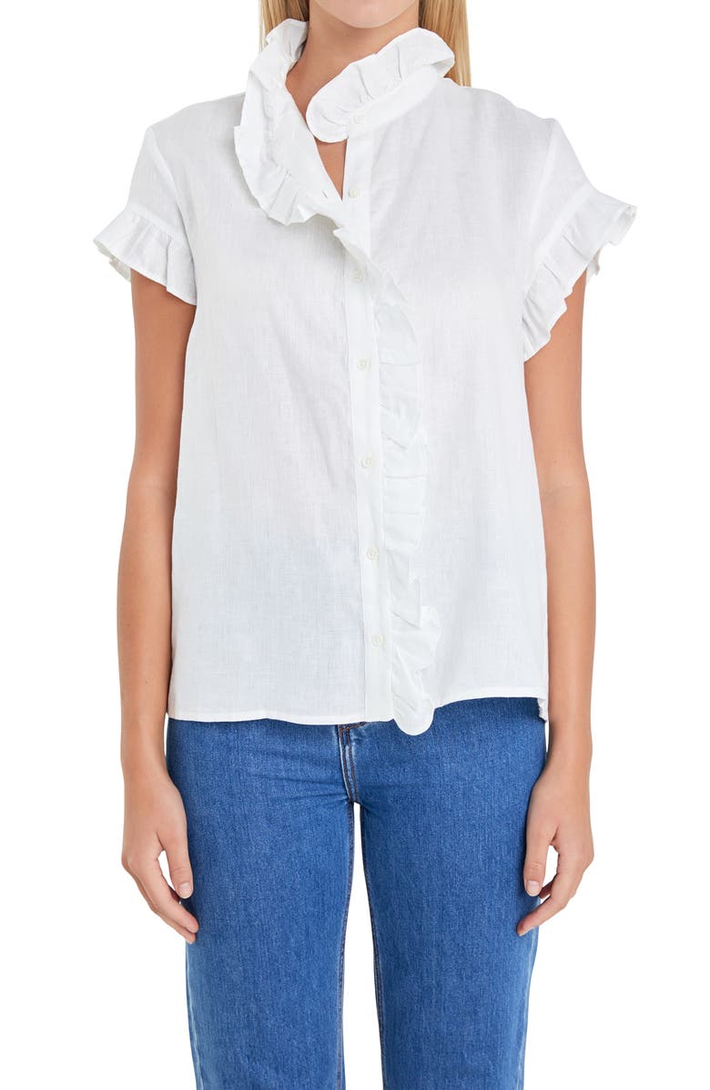 English Factory Ruffle Trim Linen Button-Up Shirt, Alternate, color, 