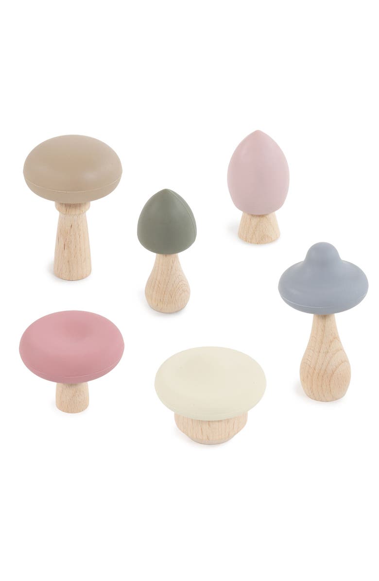 Hudson Baby 6pc Wood and Silicone Mushroom Toy Set, Main, color, Light