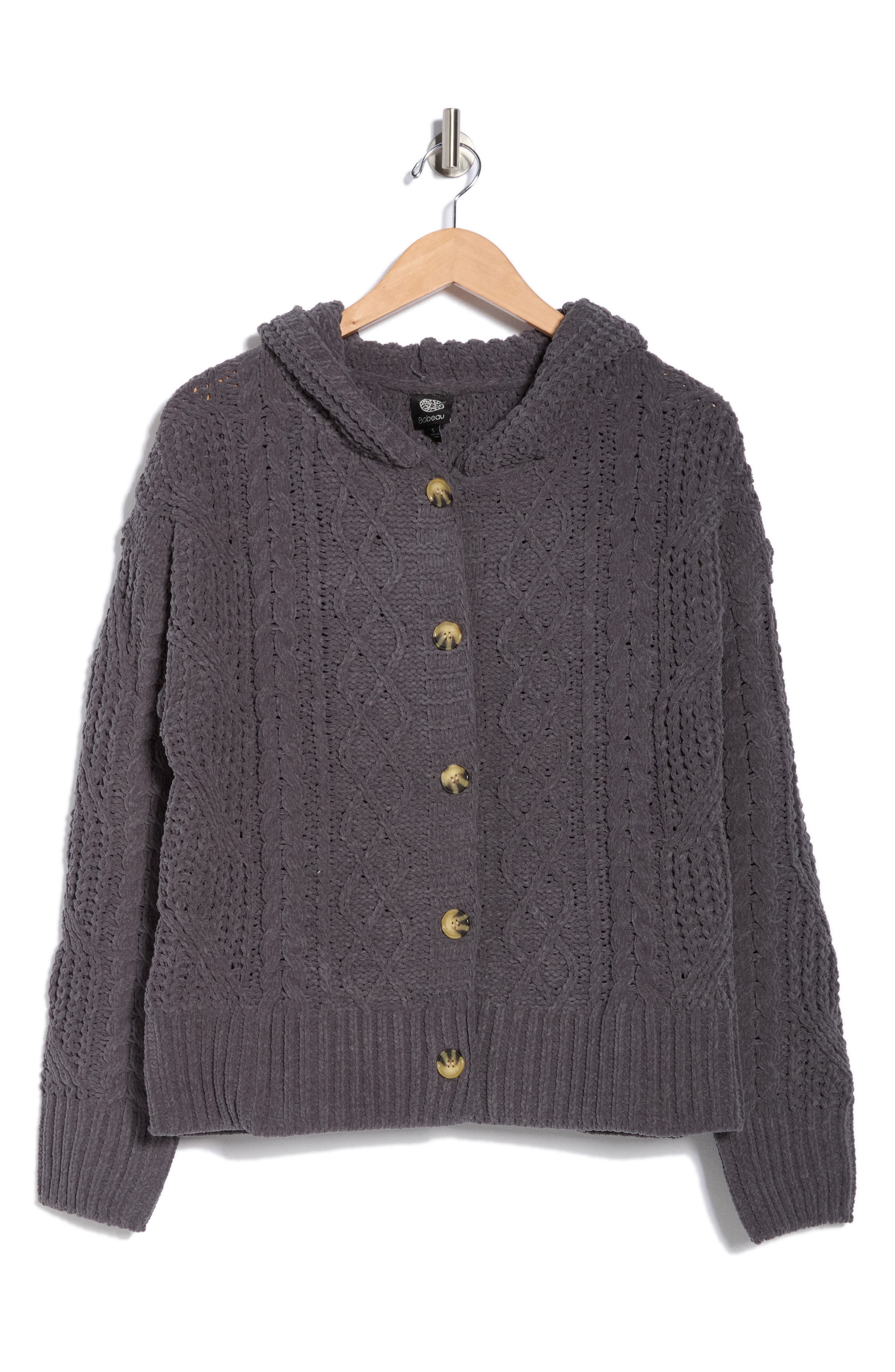 Bobeau Cable Knit Hooded Cardigan