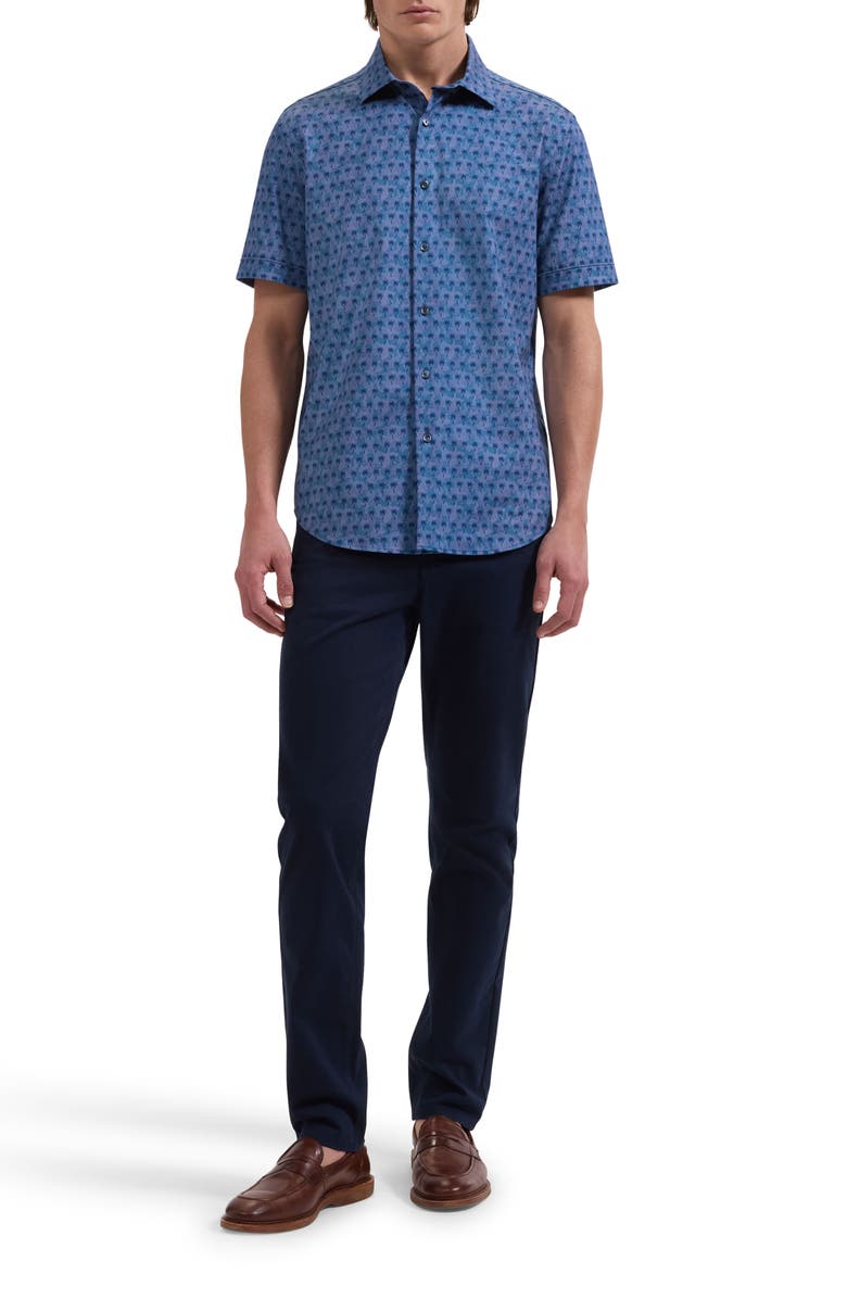 Bugatchi Miles OoohCotton<sup>®</sup> Textured Palm Print Short Sleeve Button-Up Shirt, Alternate, color, Navy