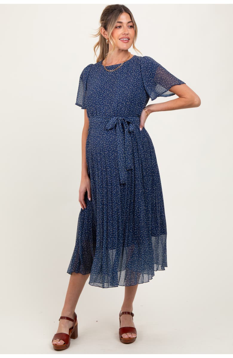 PinkBlush Leaf Print Pleated Midi Dress, Main, color, Navy Blue