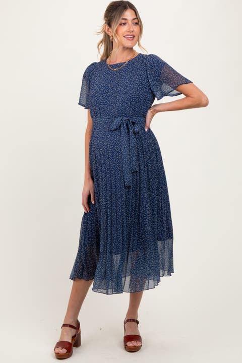 Leaf Print Pleated Midi Dress