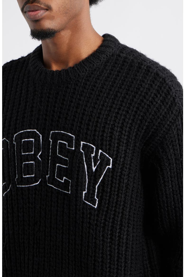 Embroidered Collegiate Logo Ribbed Crewneck Sweater, Alternate, color, BLACK MULTI