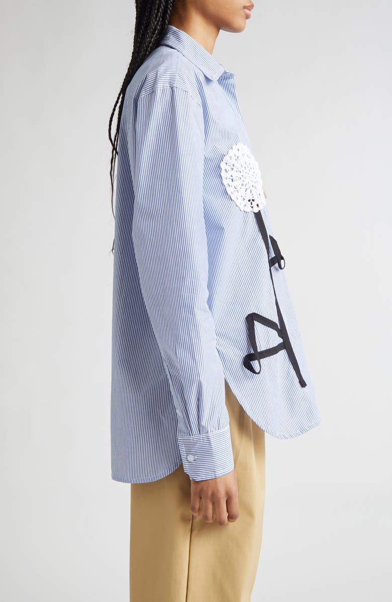 KÚR Crochet Flower Appliqué Stripe Oversize Cotton Button-Up Shirt, Alternate, color, 