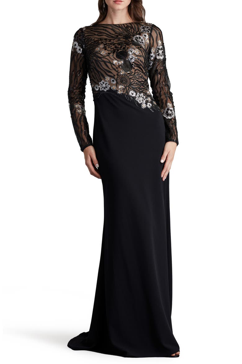 Sequin Lace Bodice Long Sleeve Gown, Main, color, BLACK/NUDE