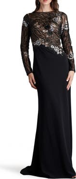 Tadashi Shoji Sequin Lace Bodice Long Sleeve Gown