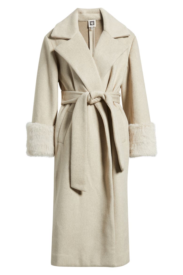 Belted Faux Fur Cuff Coat, Alternate, color, SOFT BIRCH MELANGE