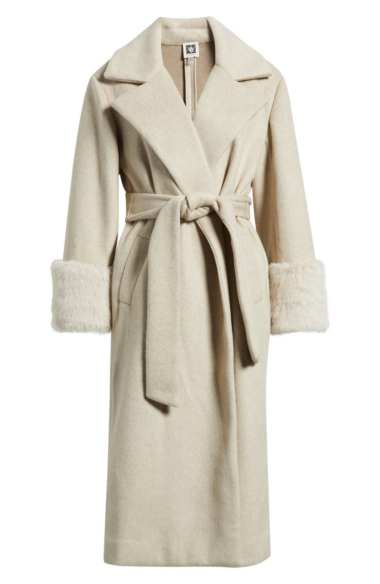 Anne Klein Belted Faux Fur Cuff Coat, Alternate, color, Soft Birch Melange