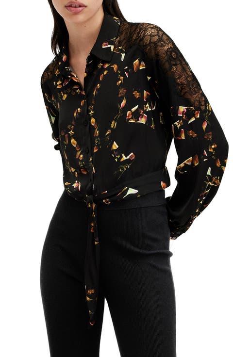 Len Floral Print Lace Trim Tie Hem Shirt