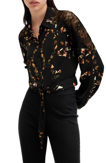 Shop Allsaints Len Floral Print Lace Trim Tie Hem Shirt