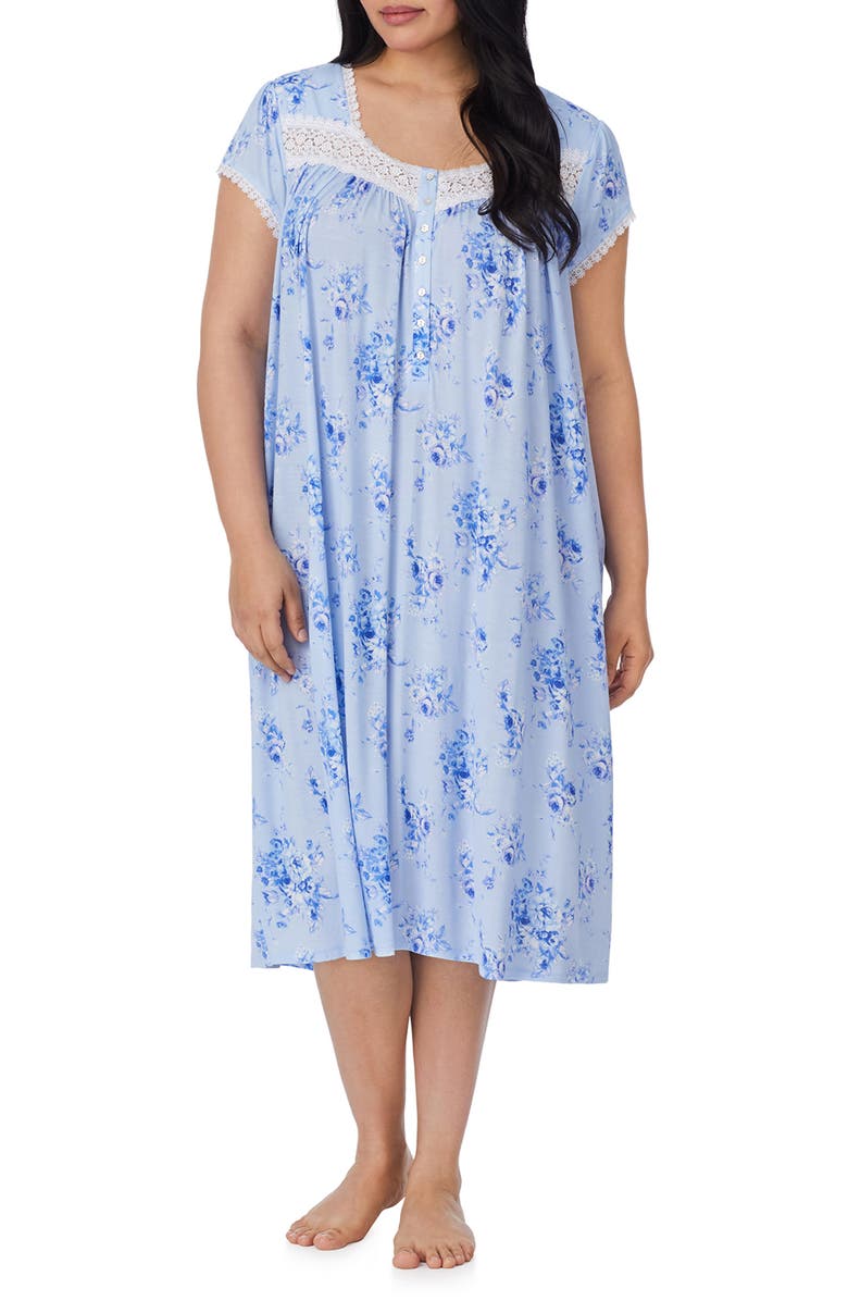 Eileen West Floral Cap Sleeve Jersey Nightgown, Main, color, Blue Print