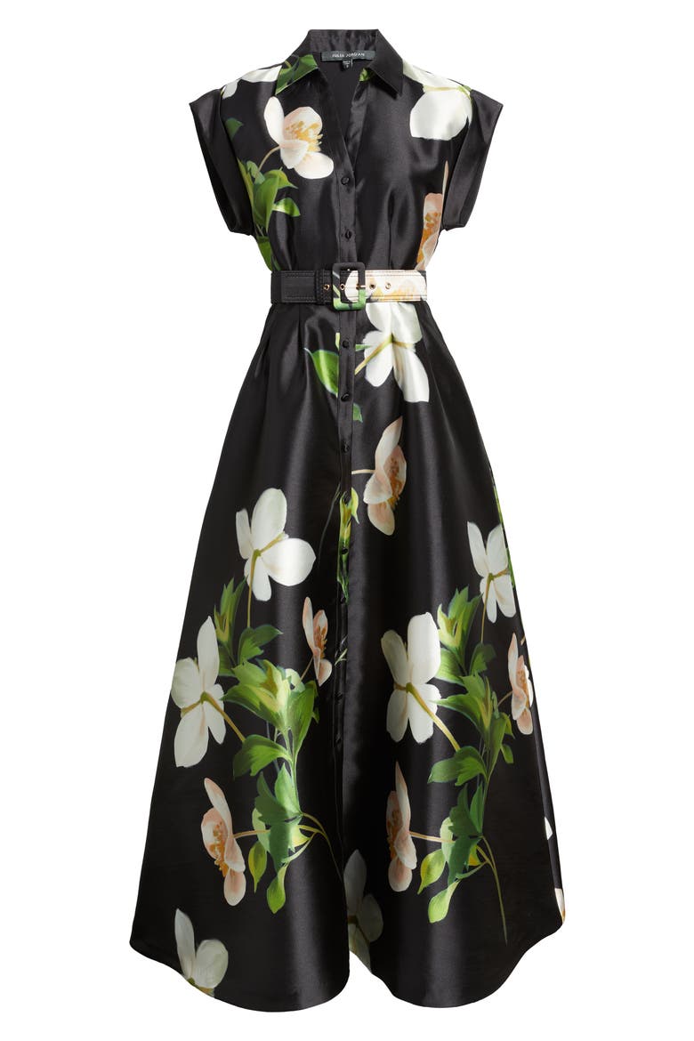 Belted Floral Mikado Shirtdress, Alternate, color, BLACK