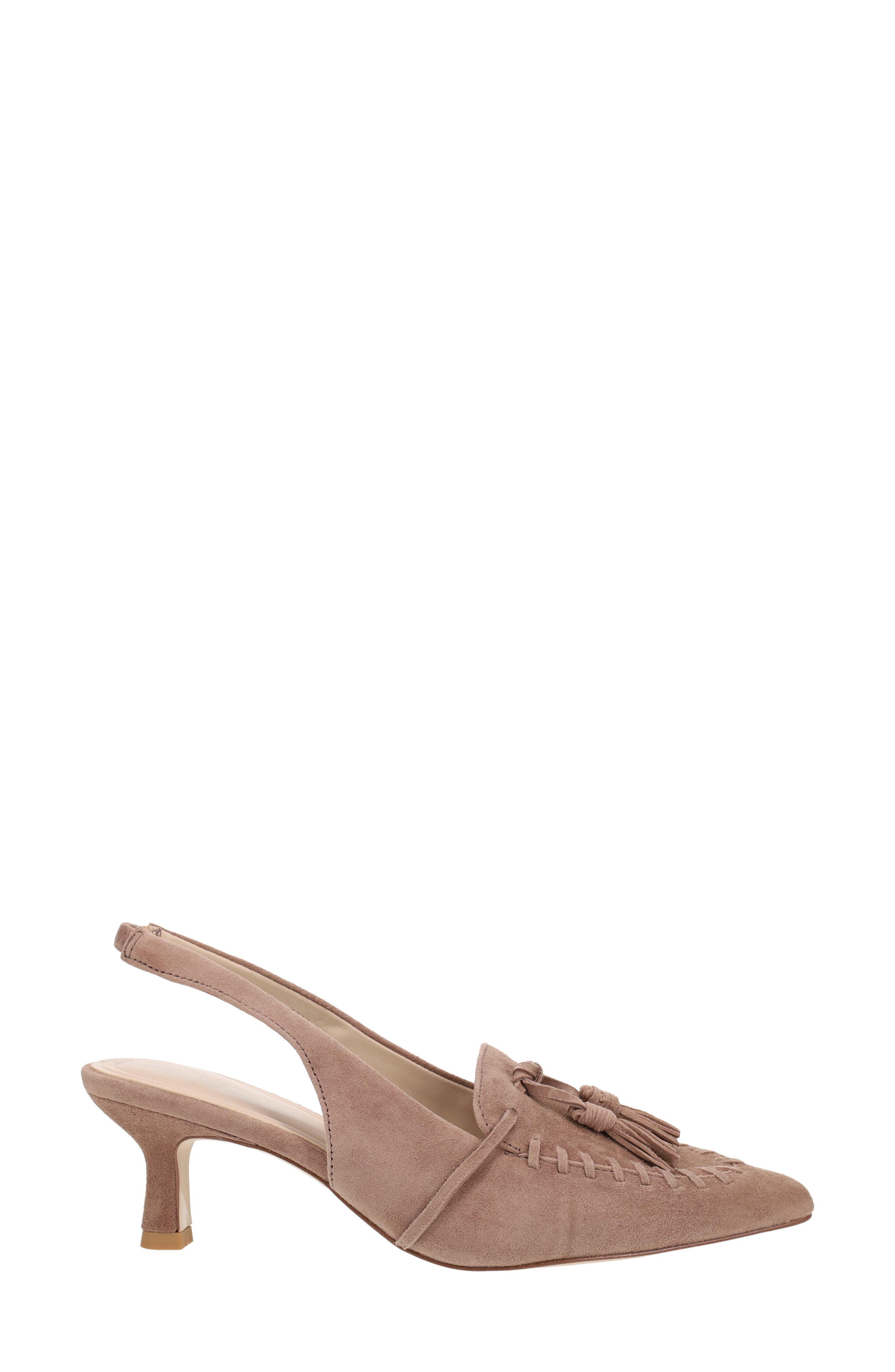Kesia Slingback Pointed Toe Kitten Heel Tassel Loafer Pump, Alternate, color, TAUPE