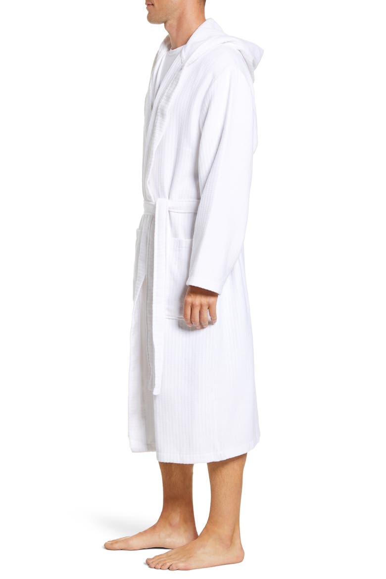 Basket Weave Hooded Cotton Terry Robe, Alternate, color, WHITE