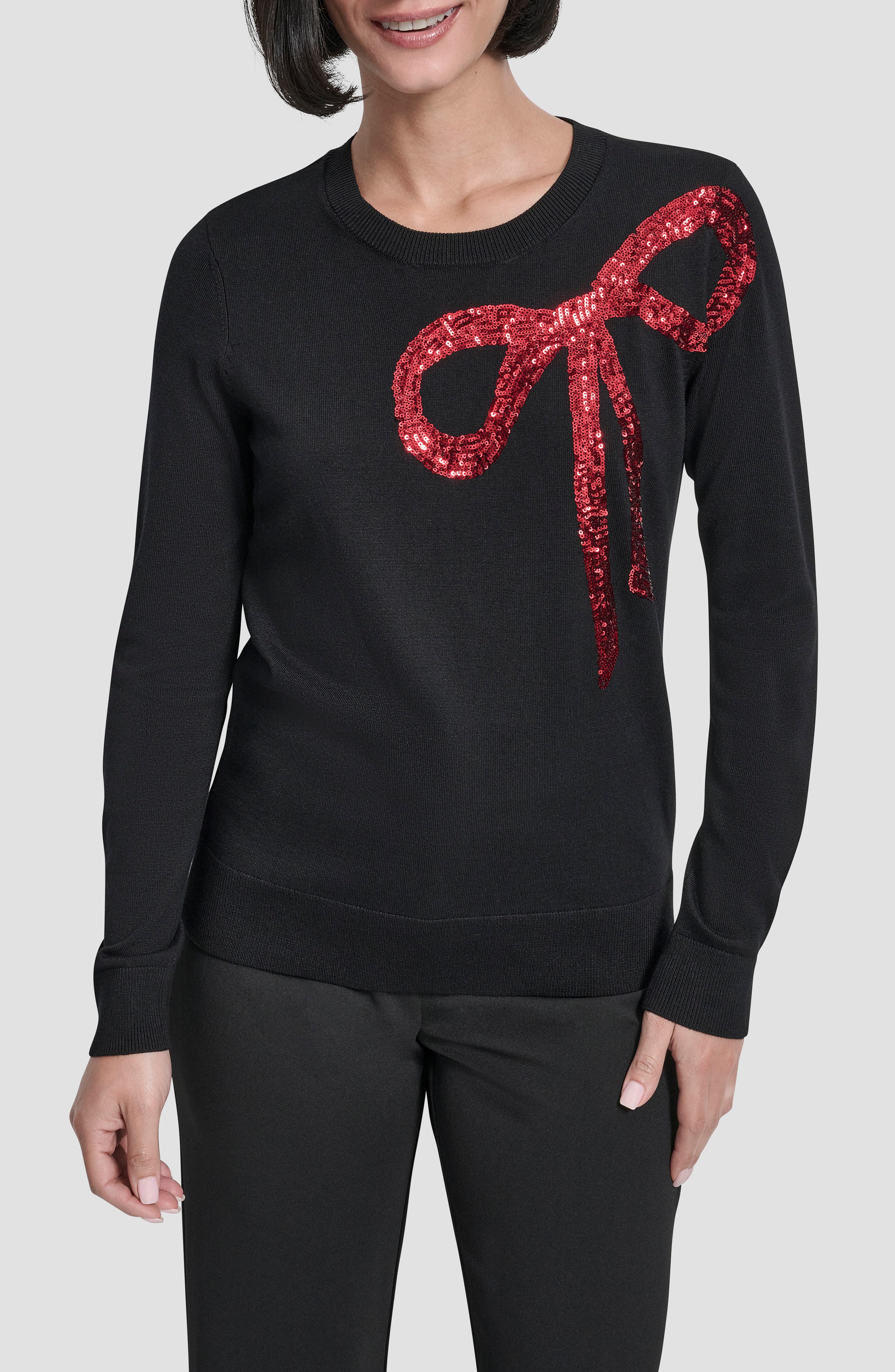 DKNY Sequin Bow Embellished Crewneck Sweater