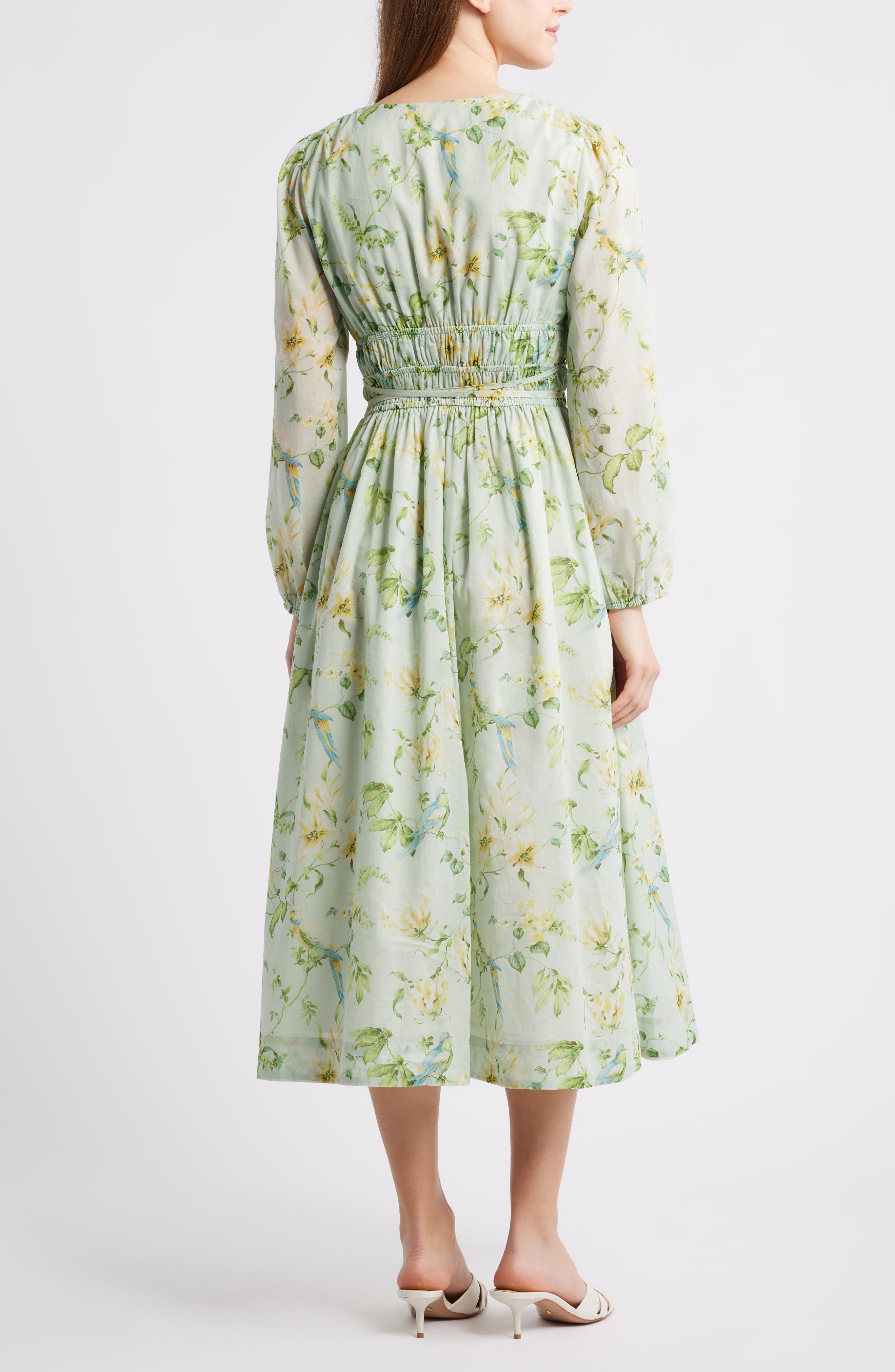 garden dancer green floral print pleated long sleeve midi dress Lulu's Green Garden Dancer Floral Print Pleated Long Sleeve Midi Dress Size S