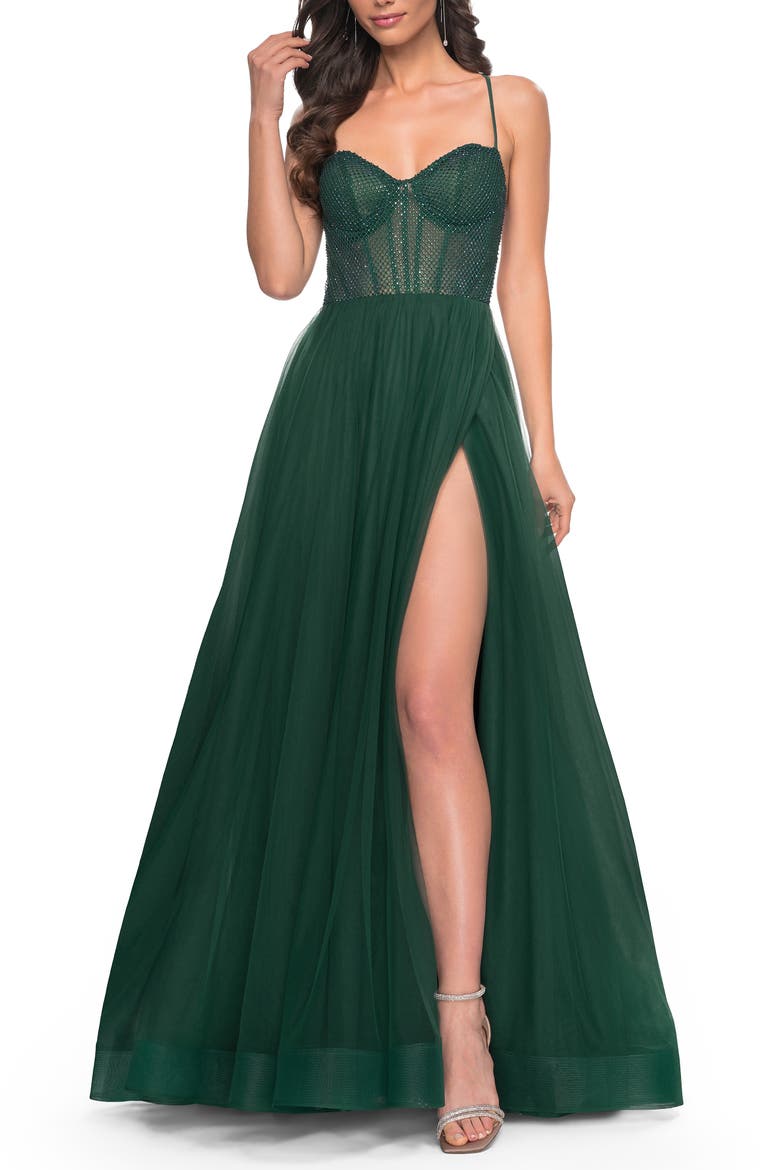 A-Line Tulle Gown with Rhinestone Fishnet Bodice, Alternate, color, Dark Emerald