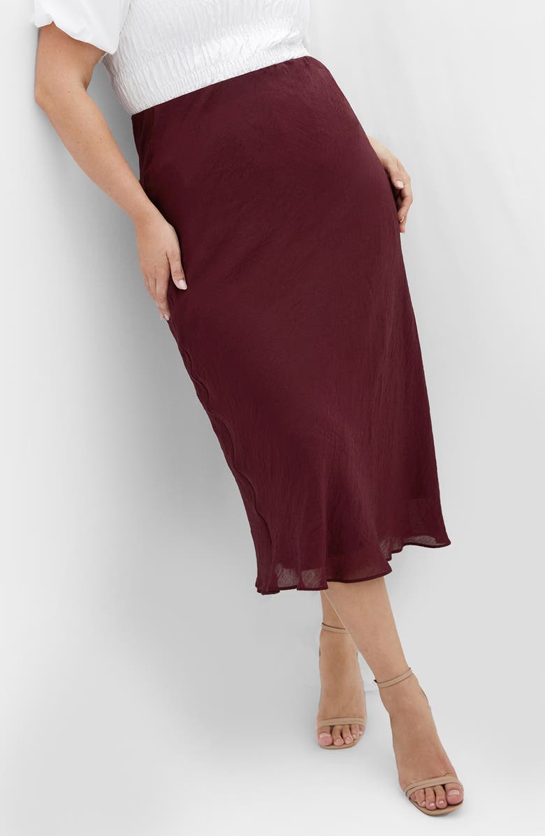 City Chic Kyra Crinkled Midi Skirt, Main, color, Dark Cherry