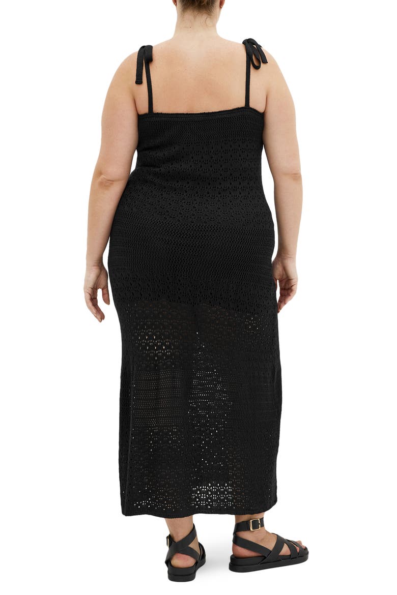 Sweet Tie Strap Open Stitch Midi Dress, Alternate, color, BLACK