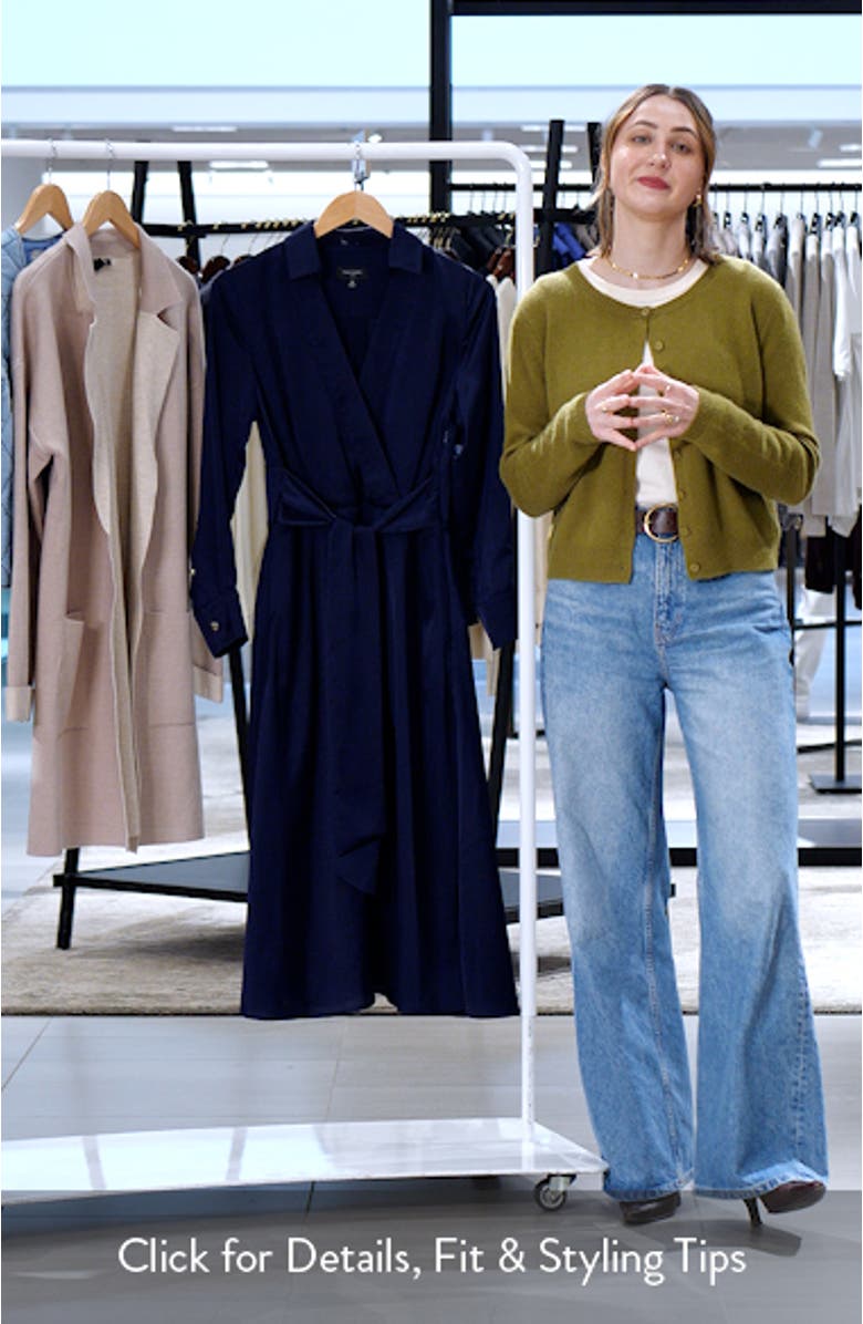 Long Sleeve Hammered Satin Wrap Front Shirtdress, sales video thumbnail