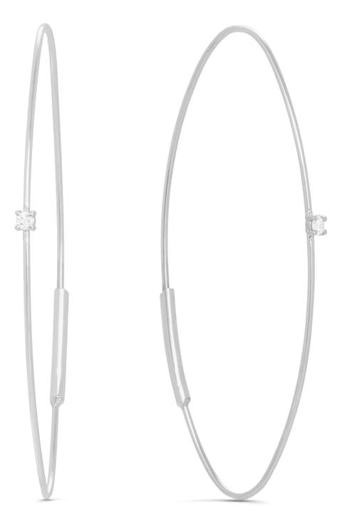 14k White Gold Diamond Oval Hoop Threader Earrings