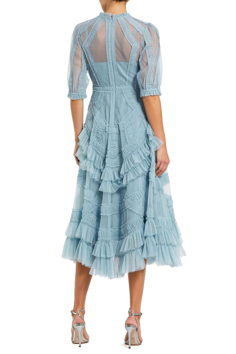 Petite High Neck Puff Sleeve Ruffle Tiered Dress, Alternate, color, French Blue