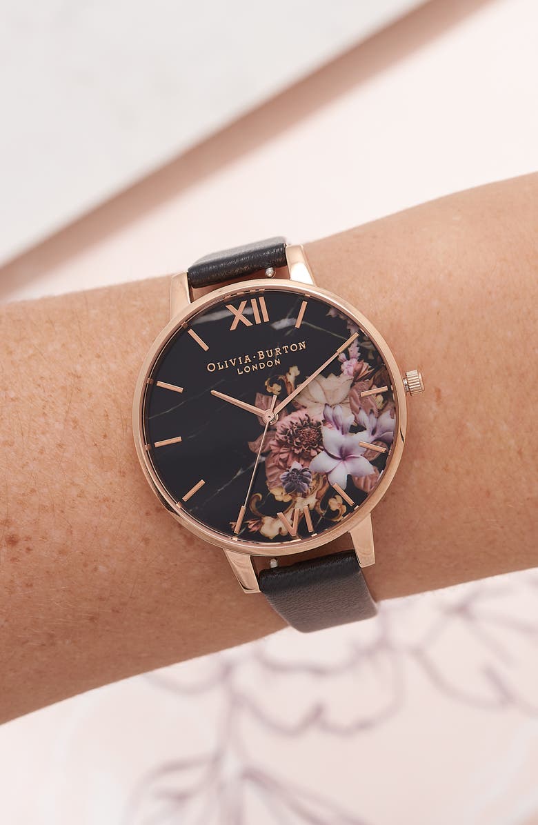 Olivia Burton Marble Floral Leather Strap Watch, 38mm, Alternate, color,