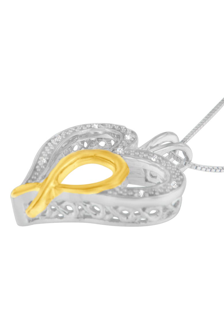 Silver Two Toned 1/25 cttw Diamond Heart-Ribbon Pendant Necklace, Alternate, color, Yellow