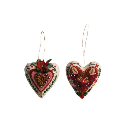 Embroidered Wool Felt Heart Ornaments, Set of 2