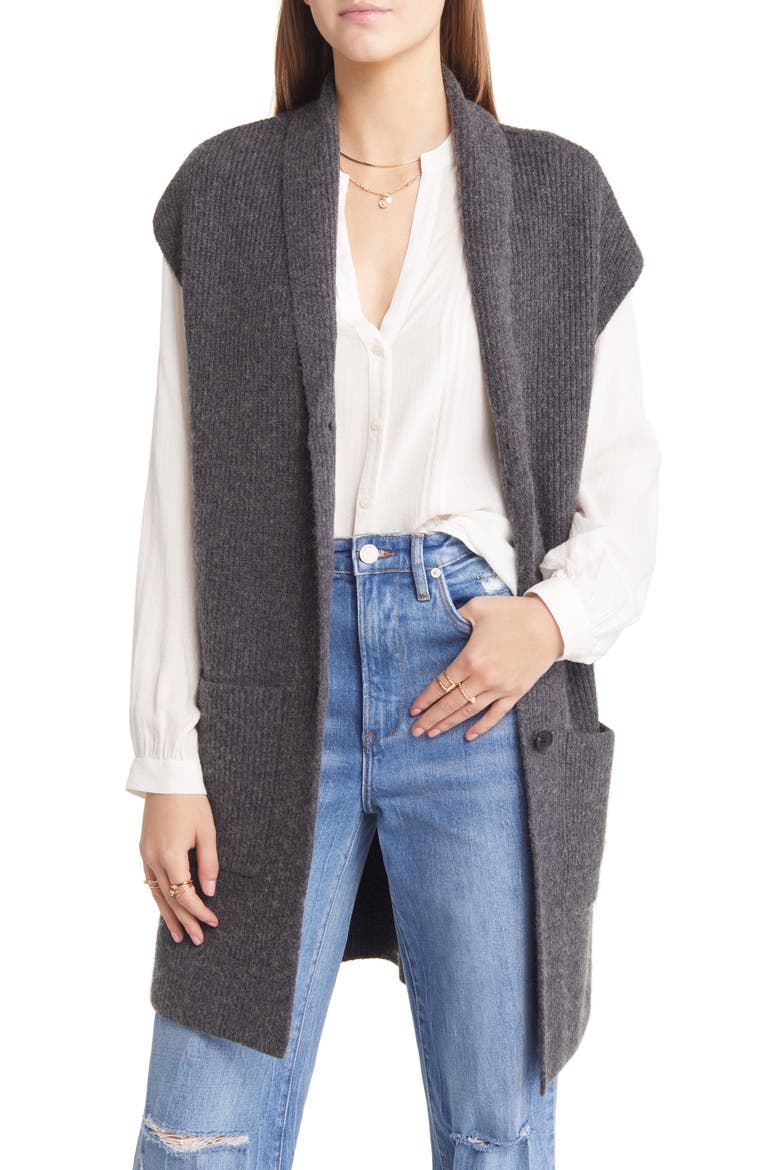 Long Ribbed Sleeveless Cardigan, Main, color, GREY DARK CHARCOAL HEATHER