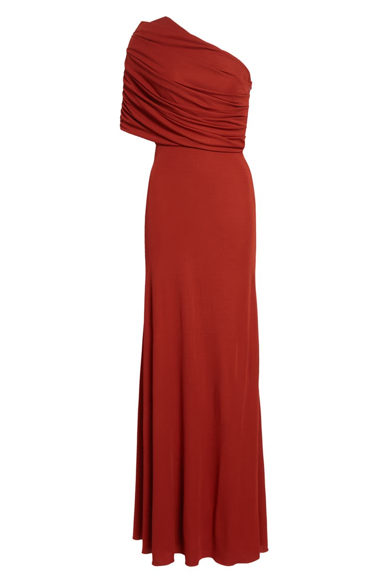 Ruched One-Shoulder Knit Gown, Alternate, color, BRICK