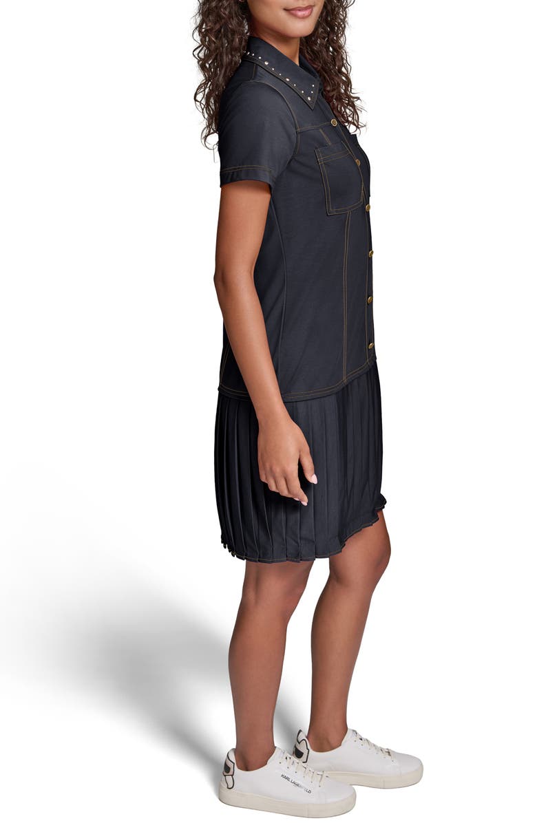 KARL LAGERFELD PARIS Stud Detail Pleated Shirtdress, Alternate, color, Midnight Navy