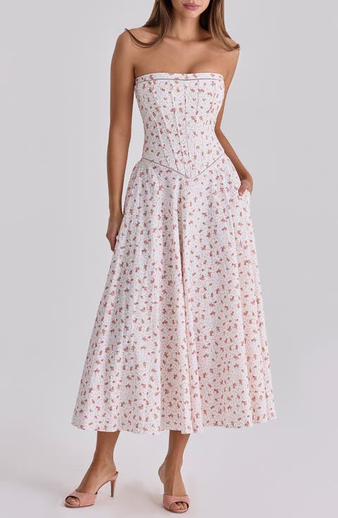 Gina Floral Strapless Corset Stretch Cotton Maxi Dress